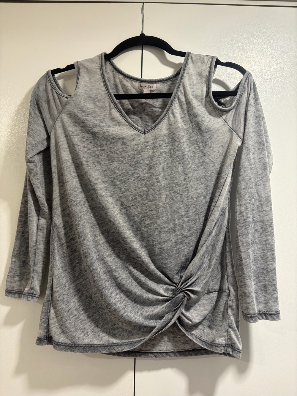 love, Fire Heather Gray Cold-Shoulder Twist Front Long Sleeve Top